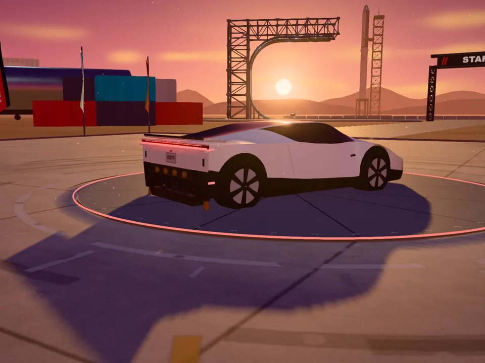 Roadster Dash's car on the launch pad at sunset