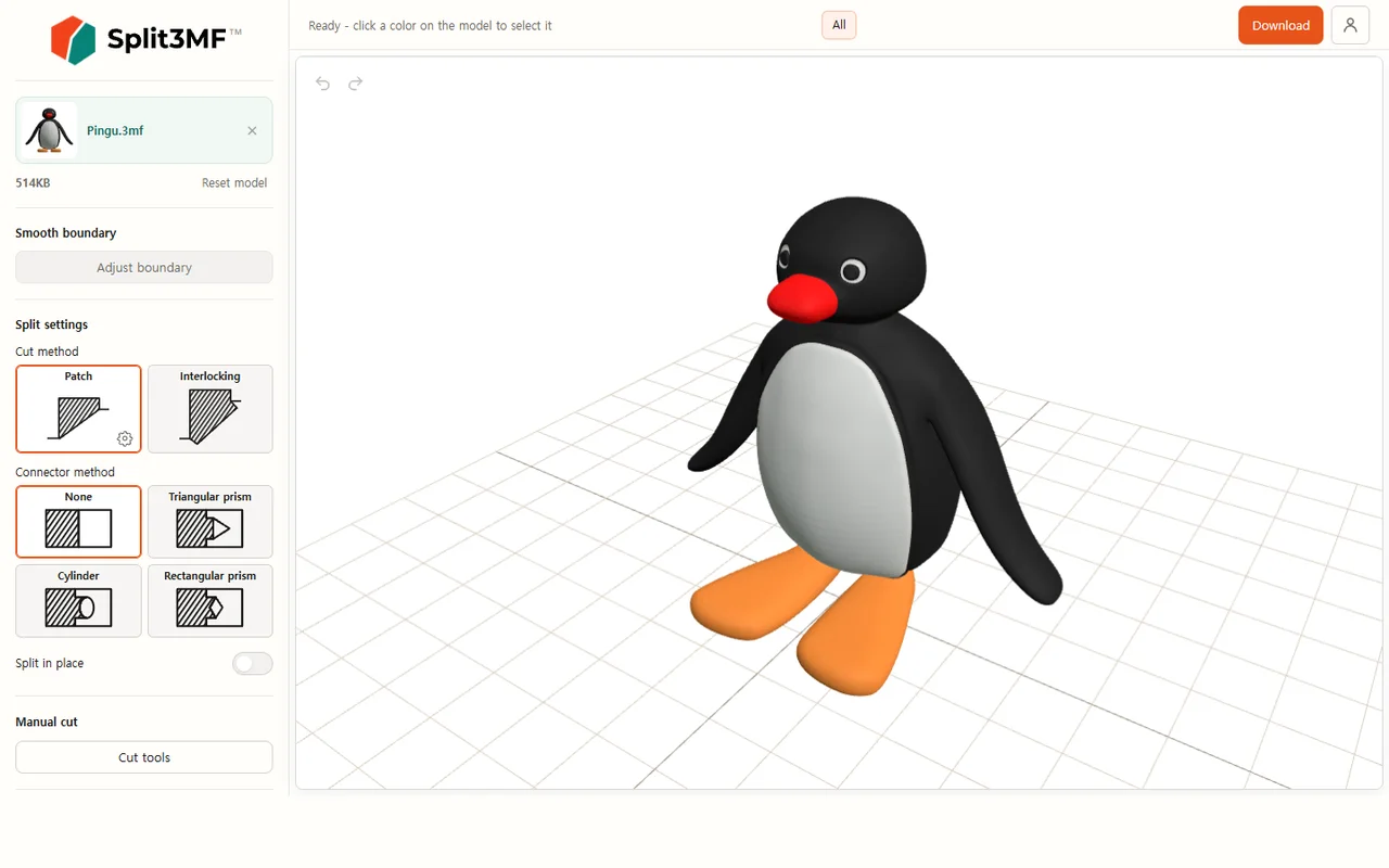 Split3MF in a browser with the Pingu sample model loaded and the split settings open