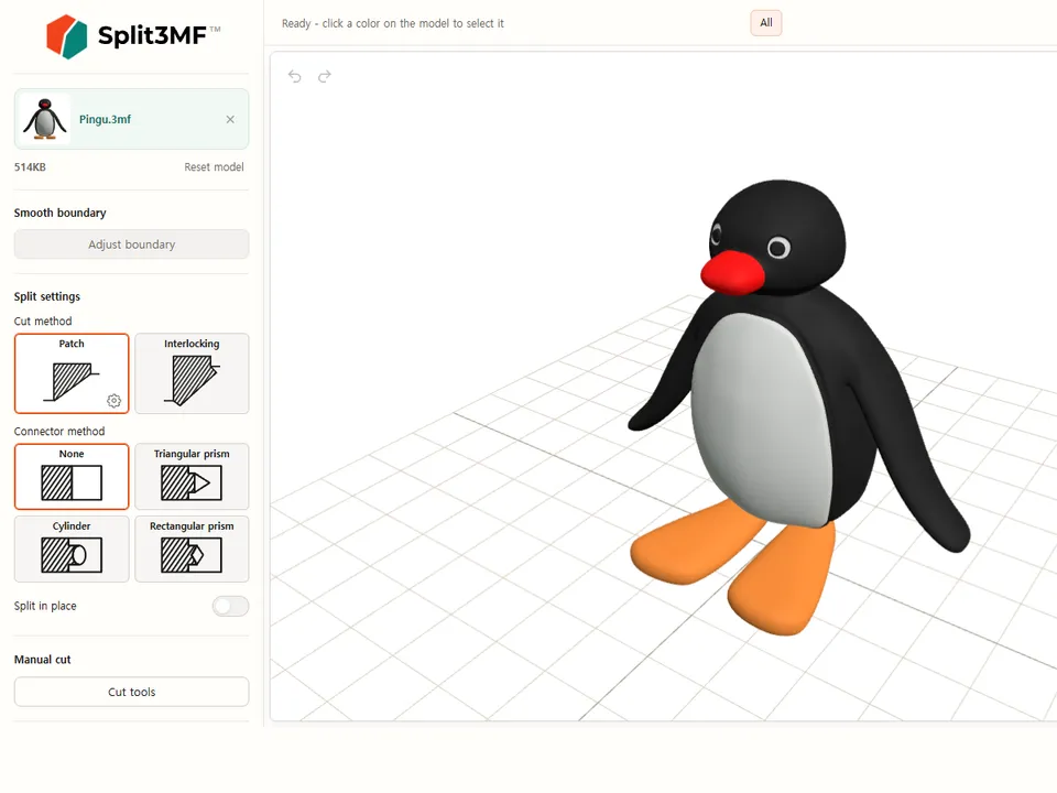 Split3MF with a painted penguin model loaded in the browser