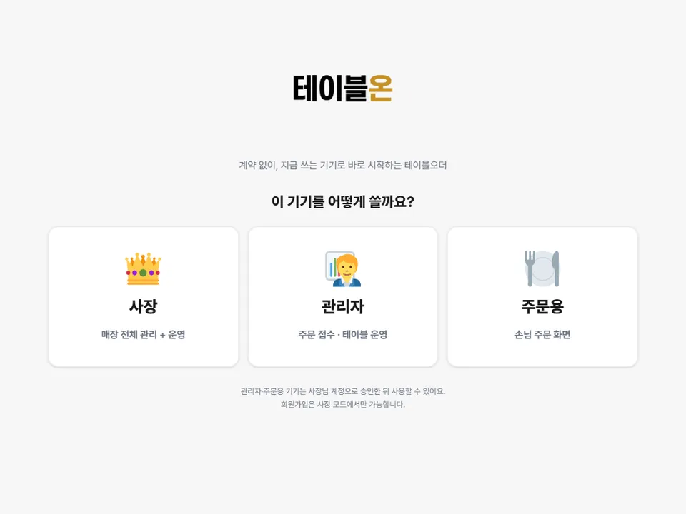 TableOn asking how this device will be used: owner, staff or ordering screen