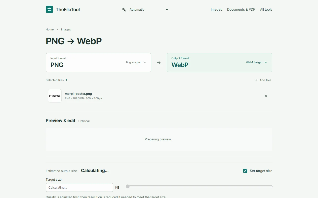 TheFileTool's PNG to WebP page with a PNG file selected for conversion