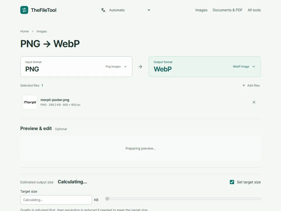 TheFileTool's PNG to WebP converter with a file selected