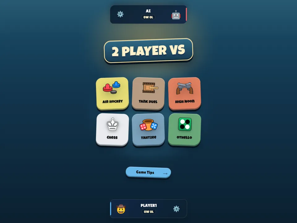 2 Player VS game picker with air hockey, tank duel, high noon, chess, yahtzee and othello