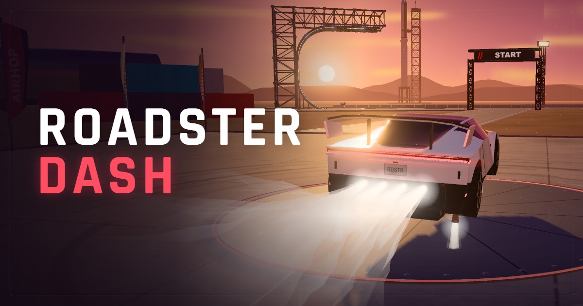 Roadster Dash's white roadster hovering over the launch pad at sunset, rear thrusters firing